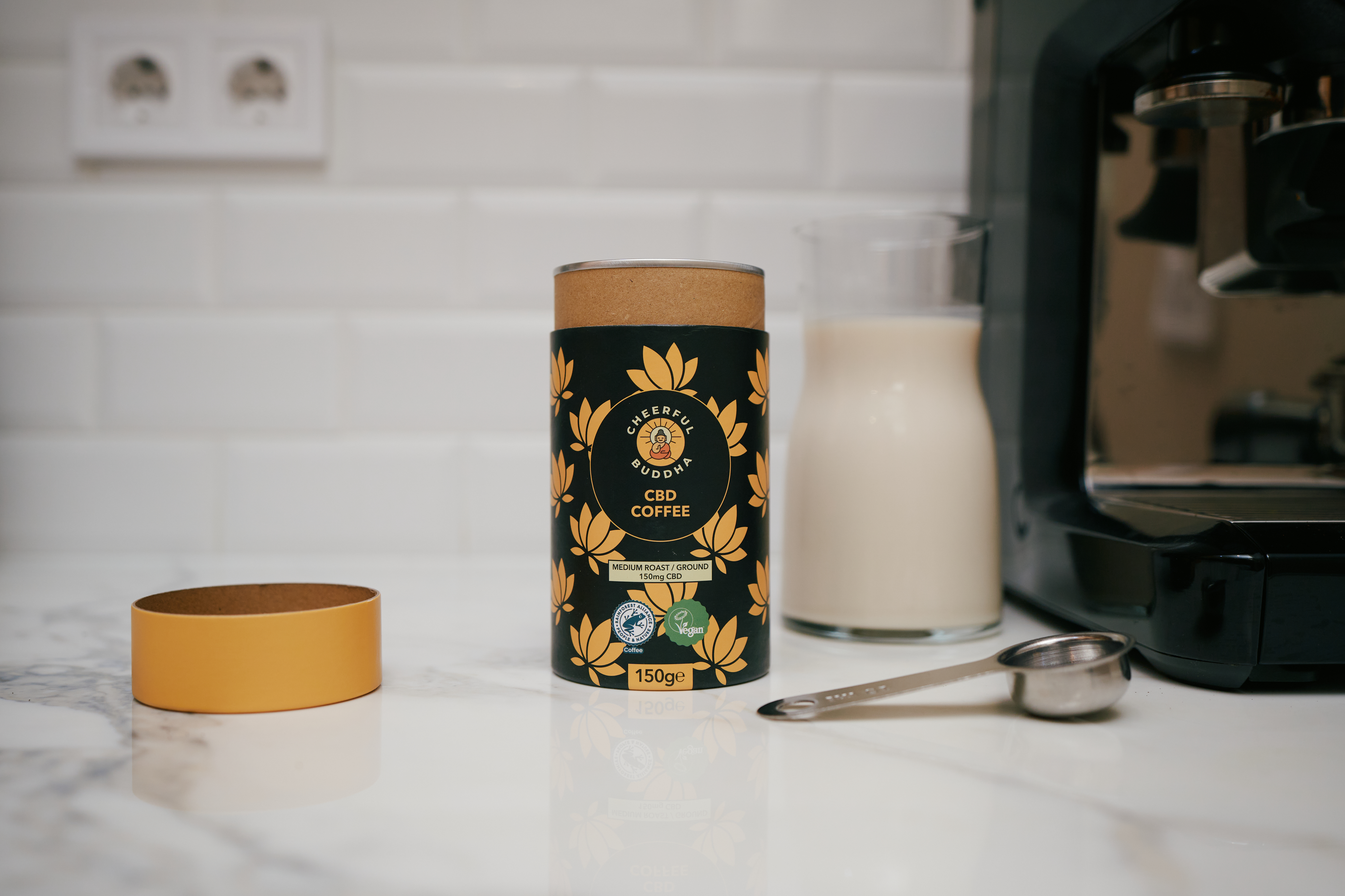 CBD boosted coffee on a kitchen cabinet
